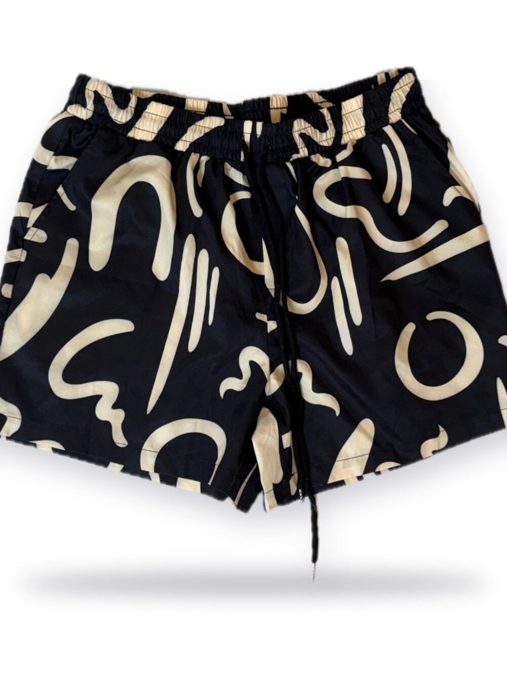 Mens Black Cream Abstract Print Swim Shorts 2XL Lined Drawstring